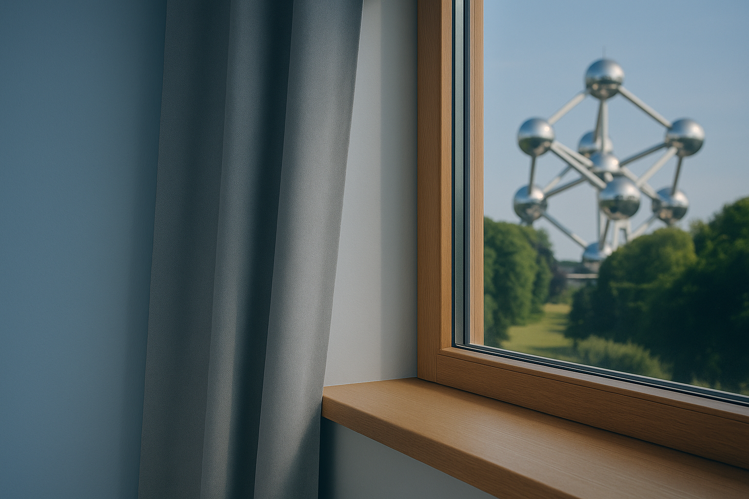 Fenêtres PVC premium dans maison moderne belge avec vue sur jardin et Atomium Bruxelles